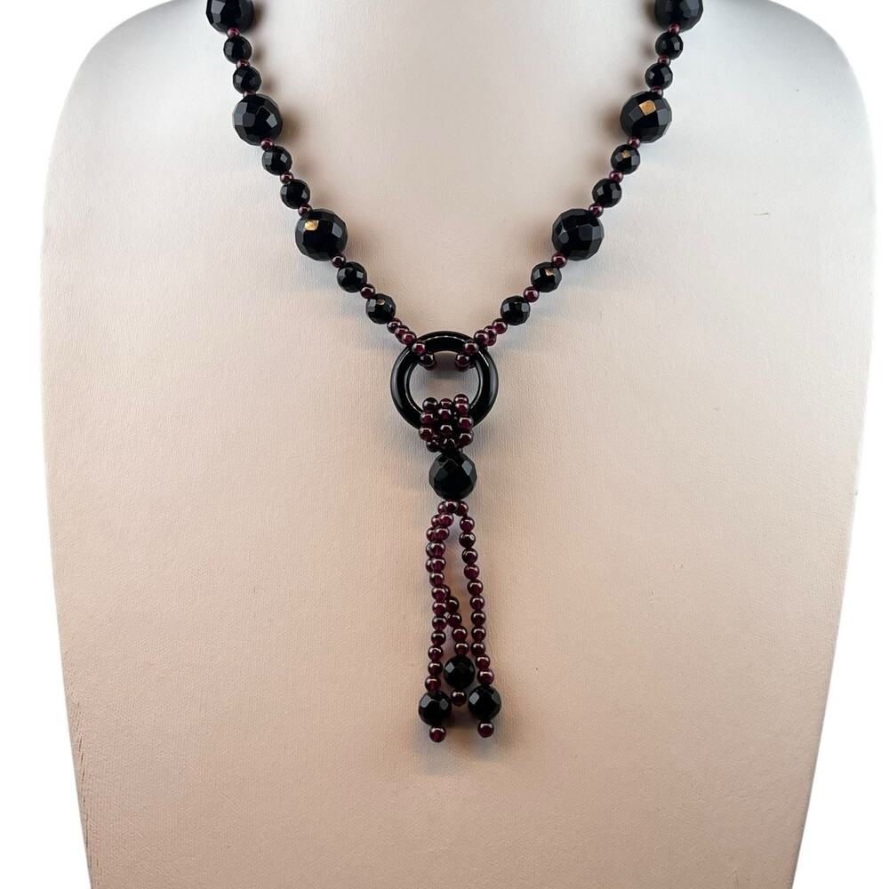 RS Garnet Beaded Tassel Sterling Silver Clasp Necklace 20"